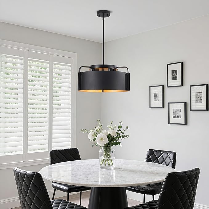 Chandelier, 4-Light Industrial Drum Chandeliers Matte Black Dining Room Light Fixture Flush Mount Pendant Light 18" for Foyer Entryway Kitchen Hallway Bedroom, E26 Base(Not Included Bulb)