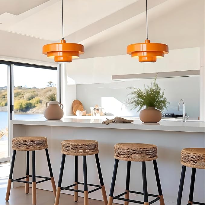 Mid Century Pendant Light Fixtures 13.78 inch, 1 - Light Ceiling Pendant Lamp with 3-Layer Metal Shade, Height Adjustable, Vintage Orange Hanging Lamp for Kitchen Island Lighting,Dining Room