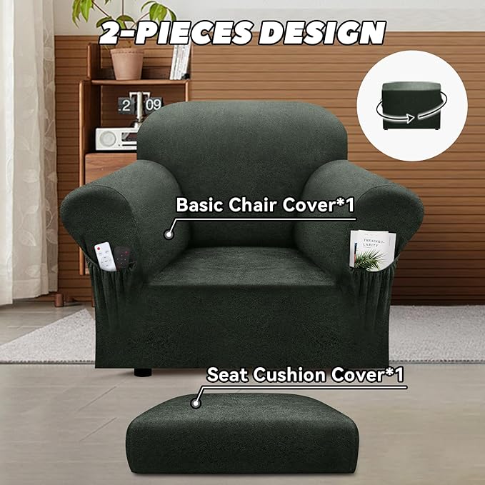 Chair Slipcover with Armrest Pockets 2-Piece Set, Stretch Faux Leather Chair Cover for Armchairs(Fits 31-45") - Non-Slip, Machine Washable, Pet & Kid Friendly - Military Green