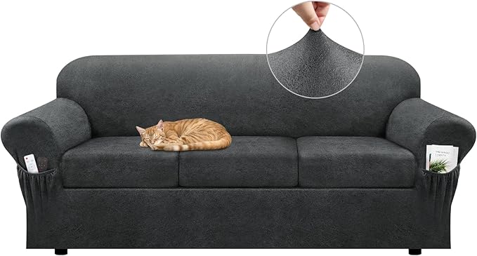 Sofa Slipcover with Armrest Pockets 4-Piece Set, Stretch Faux Leather Couch Cover for 3-Cushion Couches(Fits 72-92") - Non-Slip, Machine Washable, Pet & Kid Friendly - Gray