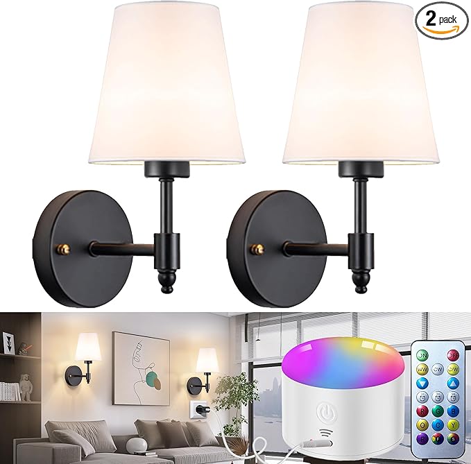 Battery Operated Wall Sconces Set of Two, Rechargeable Wireless Wall Lights with 10000mAh RGB Dimmable Detachable Bulb, Battery Sconces Wall Decor with Remote for Bedroom Living Room Hallway