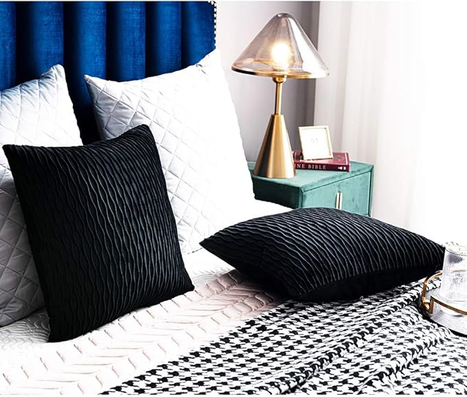 Black Striped Decorative Pillow Covers: 2 Pack 18x18 Inch Original Velvet Square Throw Pillow Cases for Farmhouse Couch