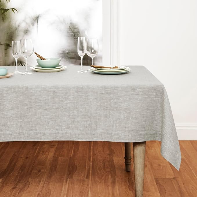 Solino Home Linen Tablecloth 60 x 120 Inch - 100% Pure Linen Oyster Grey Table Cloth for Rectangular Tables - Athena, Machine Washable Cloth Tablecloth for Fall, Thanksgiving, Holiday