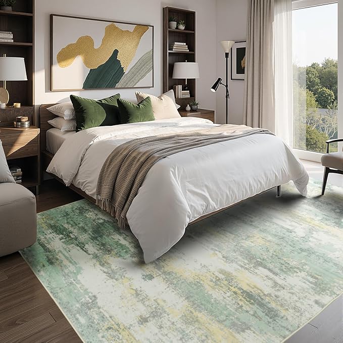 Rugflix 5x7 Area Rugs for Living Room, Washable Large Rug Stain-Resistant Low Pile, Modern Carpet for Dining Room Home Office Kid Room Nursery Bedroom, Light Green