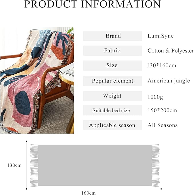 Double-Sided Cotton Woven Throw Blanket with Tassel Jungle Bohemian Style Tapestry Shawl Multi-Function Decorative Throws for Sofa Bed Armchair Camping Blanket Tablecloth Carpet 160x130cm