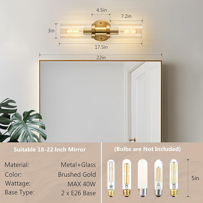 Gold Wall Sconces Set of Two, 17.5 inch Brushed Gold Vanity Light with Stripped Glass Shade, Indoor Wall Lights for Mirror, Bathroom, Kitchen, Living Room（2 Pack）