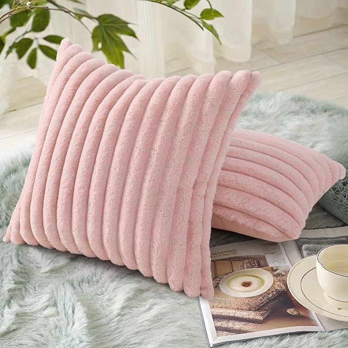 decorUhome Faux Fur Christmas Throw Pillow Covers 16x16 Set of 2, Decorative Soft Plush Striped Neutral Couch Euro Pillow Covers with Velvet Back for Sofa, Bed, Living Room Home Decor, Pink