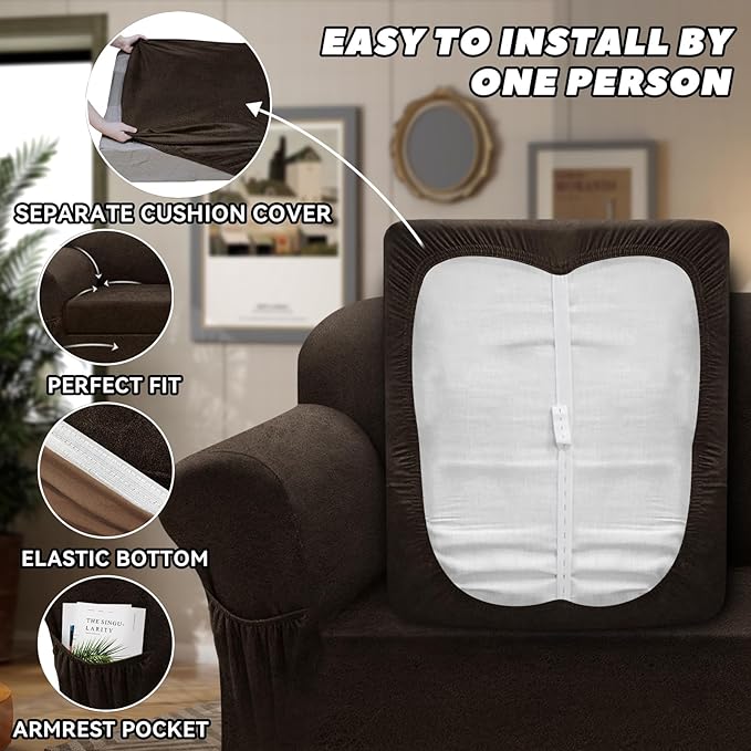 Sofa Slipcover with Armrest Pockets 4-Piece Set, Stretch Faux Leather Extra Large Couch Covers for 3-Cushion Couches(Fits 98-112") - Machine Washable, Pet & Kid Friendly - Brown