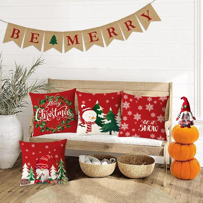 Neatee Living Christmas Pillow Covers 24x24 Set of 4 Red Xmas Vintage Throw Pillows Christmas Tree Gnome Snowman Pillow Cases Outdoor Sofa Couch Cushion Covers for Home Decorations (24 by24)
