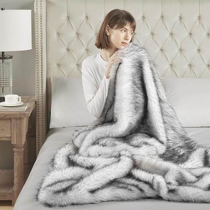Hyde Lane Long Pile Faux Fur Throw Blanket, Luxury Fluffy with Black Tipped Throws for Home Couch Sofa Decor, Fuzzy Plush Blankets for Women, Direwolf (50x60)