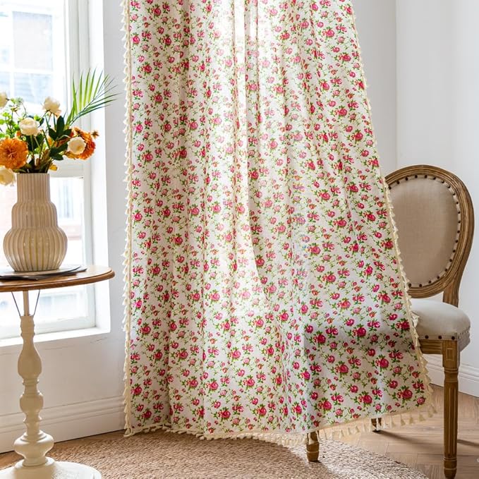 OYX Boho Curtains 84 Inch Length 2 Panels for Living Room, Bedroom Light Filtering Drapes, Farmhouse Vintage Country French Rustic Tassels Pattern Rod Pocket Aesthetic Decor Window Treatments