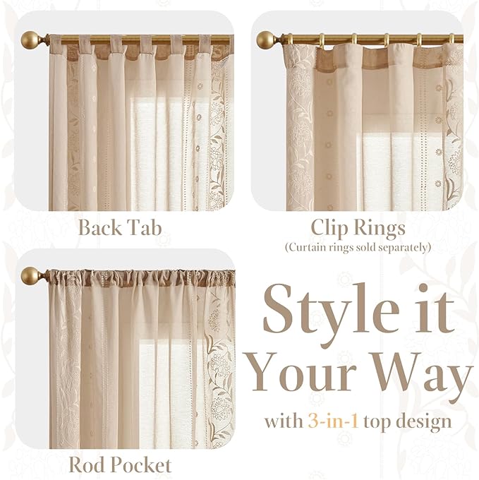 jinchan Winslow Sheer Curtains 63 Inch Length for Dorm Bedroom Bordered Floral Pattern Decorations Short Curtains Light Filtering Window Treatments, 50W x 63L, Ivory on Beige, 2 Panels