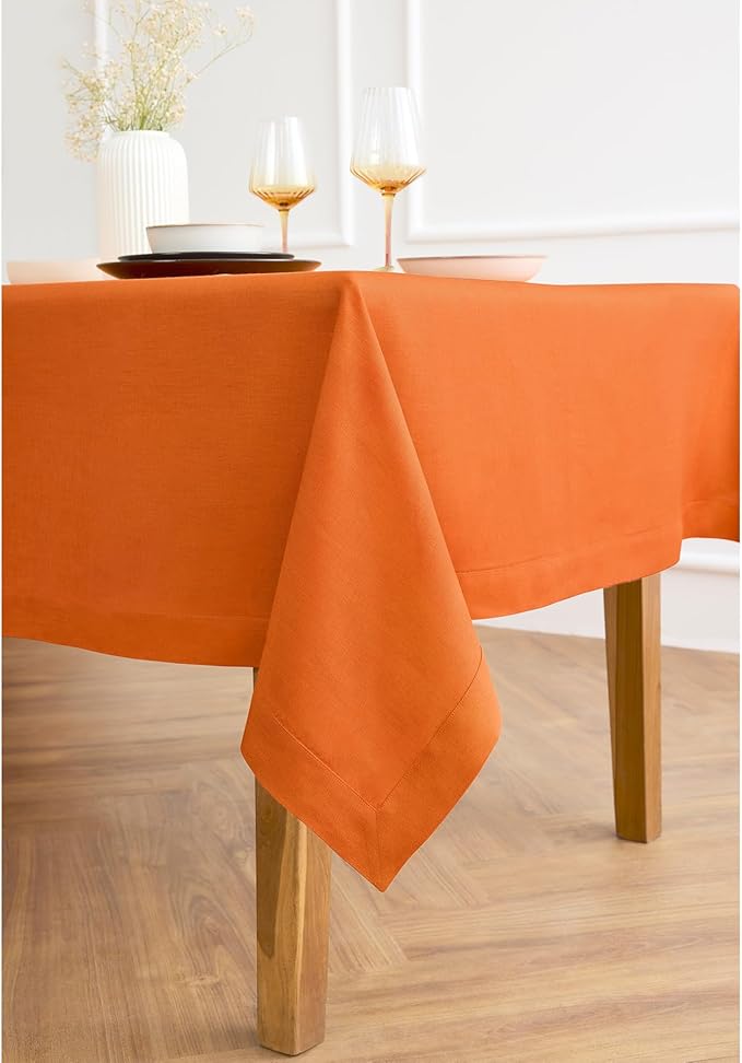 Solino Home Linen Tablecloth for Rectangle Tables 60 x 90 Inch - 100% Pure Linen Persimmon Orange Table Cloth - Fete, Machine Washable Cloth Tablecloth for Fall, Autumn, Thanksgiving