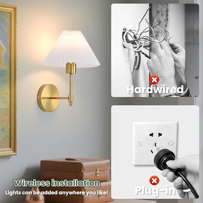 Battery Operated Wall Sconces Set of 2,Gold Rechargeable Wall Lights with Remote,Dimmable Wall Lamp with Pleated Shades,15 Colors Wireless Bathroom Vanity Wall Sconce for Bedroom Living Room Hallway