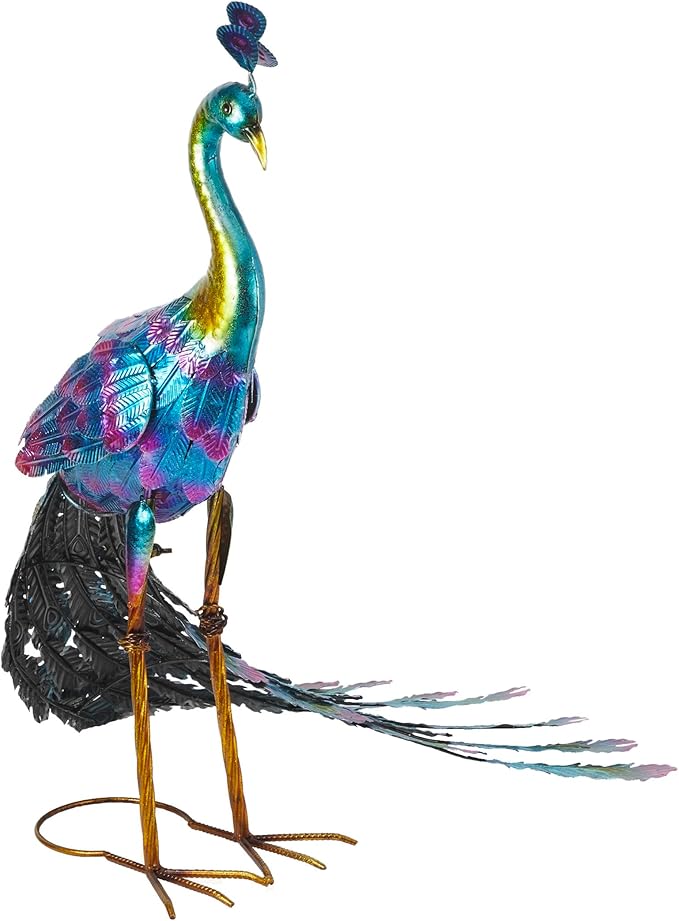 Alpine Corporation 28" Tall Outdoor Metallic Peacock Standing Yard Statue Decoration, Multicolor
