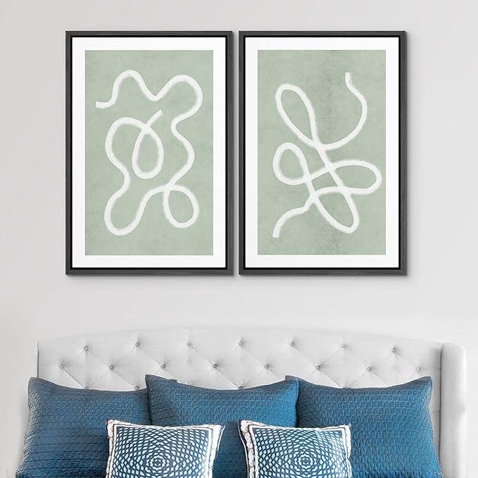SIGNWIN Framed Wall Art Print Set White Line Over Contrasting Green Background Abstract Swirly Digital Art Modern Art Mid-Century Modern Expressive for Living Room, Bedroom, Office - 24"x36"x2 Black