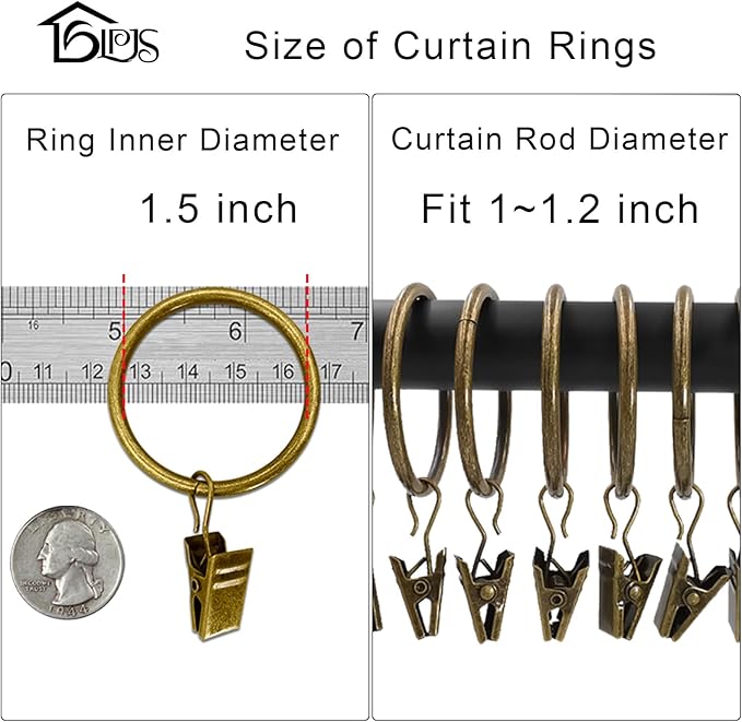 40 Pack Metal Curtain Rings with Clips, Drapery Clips with Rings, Curtain Rod Clips Hooks, Decorative Windows Hanging Curtain Hangers, 1.5 Inch Interior Diameter, Bronze