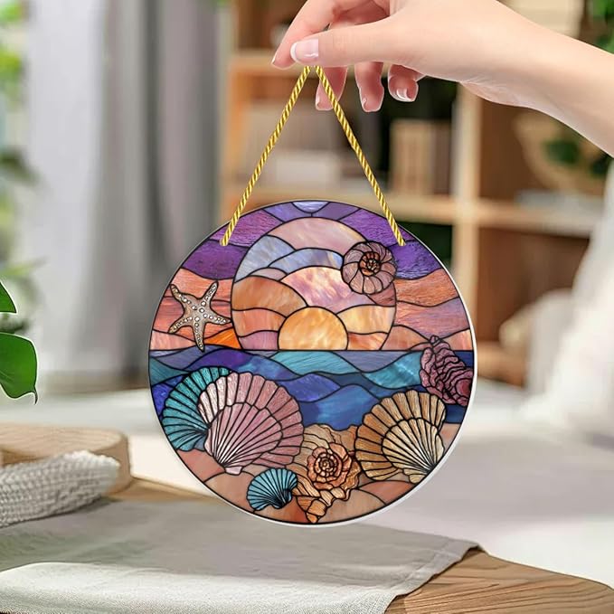Coastal Seashells & Starfish at Sunset, 1PC Stained Glass Styles Acrylic Hanging Ornaments, 8×8inch Decorative Signs, Acrylic Suncatcher for Nautical Home Decor, Gifts, Garden, Wall Art