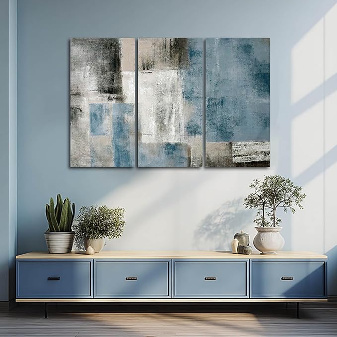 SDYA Abstract Canvas Wall Art Grey and Blue Wall Decor Modern Canvas Painting 20"x40"x3p Decorations for Bedroom Office Artwork