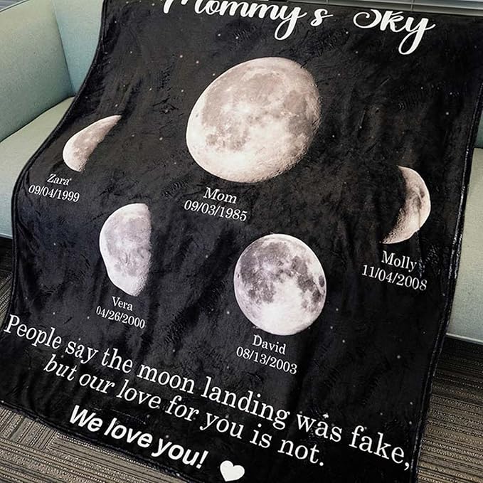 Personalized Moon Phase Throw Blanket Custom Mommy's Universe Moon Phase Fleece Blanket with Family Name Birthdate Wearable Blanket Gift for Mom Dad Father's Day Mother's Day Christmas
