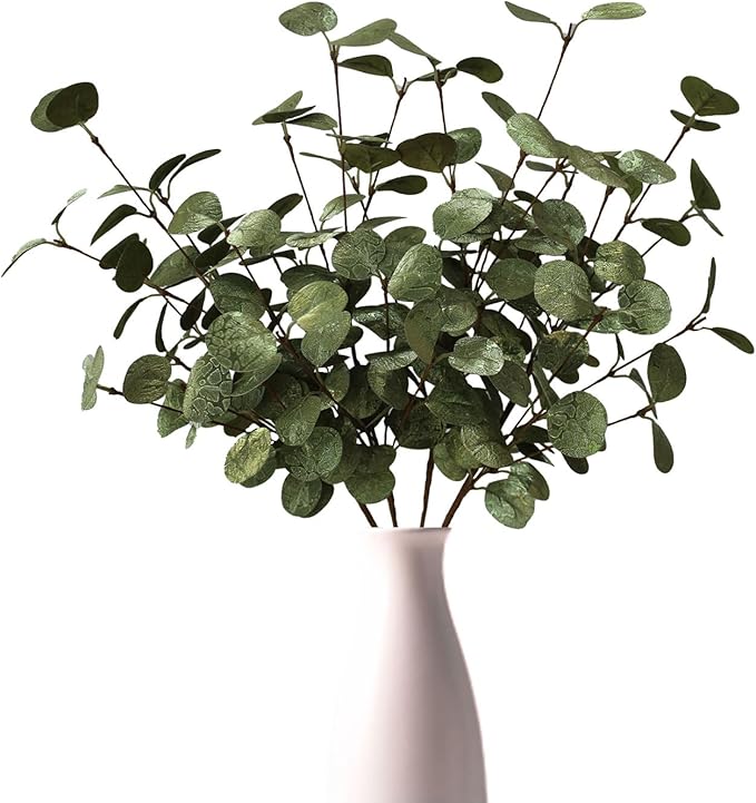 4PCS 24" Gold Green Metallic Artificial Eucalyptus Stems Real Touch Faux Eucalyptus Leaves for Vase Decoration, Living Room Decor, Christmas Home Centerpieces