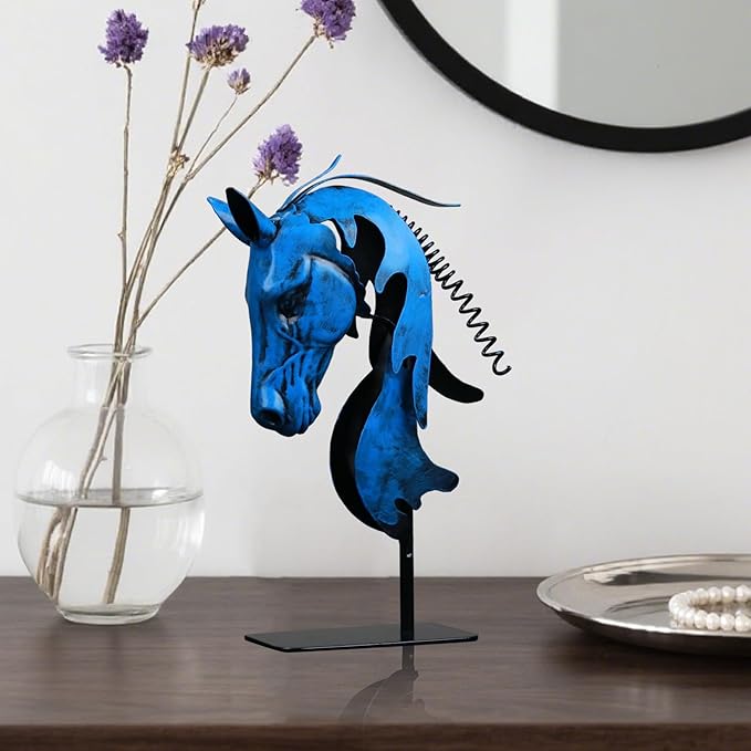 Handmade Horse Statue - Unique Rustic Decor for Office & Home - Hand-Painted Metal Sculpture - Handmade Horses Figurines Gifts for Women/Men (Blue)