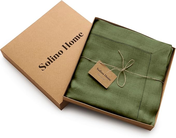 Solino Home Olive Linen Tablecloth 60 x 132 Inch - 100% Pure Linen Classic Hemstitch Table Cloth for Rectangle Tables - Machine Washable Tablecloth for Wedding, Parties, Fall, Autumn, Thanksgiving