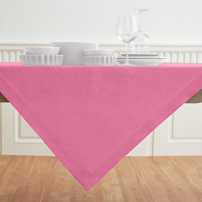 Solino Home Linen Square Tablecloth 52 x 52 Inch - 100% Pure Linen Flamingo Pink Table Throw - Fete, Machine Washable Table Cloth
