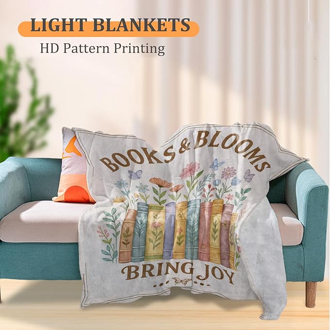 Charming Book Blanket, Floral Reading Theme 80 x 60 Inch Flannel Throw Blanket, Gifts for Women Kids, Lightweight Cozy Warm Blankets for Sofa Travel Home Decor