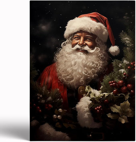 African American Santa Wall Art Print,Vintage Black Santa With Wreaths Prints,Christmas Prints,Christmas Wall Decor