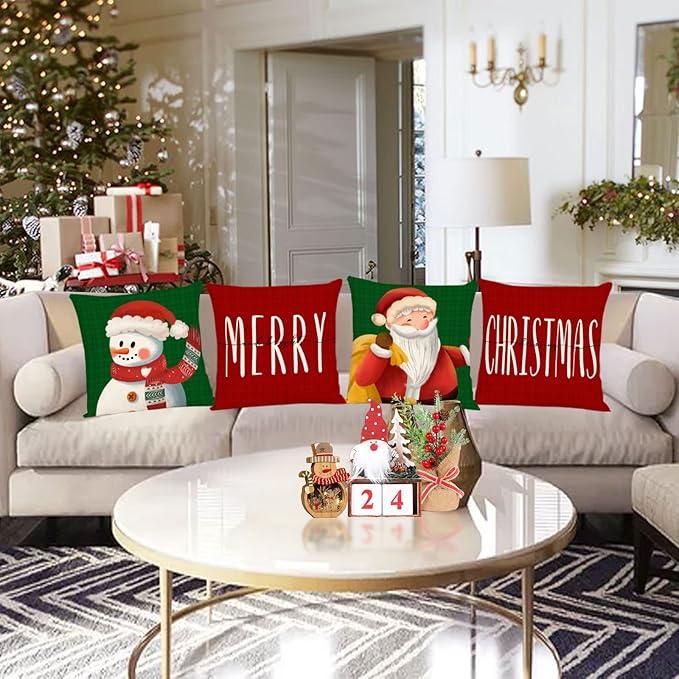 Neatee Living Christmas Pillow Covers 14x14 Set of 4 Red Green Xmas Gnome Throw Pillows Christmas Tree Elk Snowman Pillow Cases Sofa Outdoor Couch Cushion Covers for Home Decorations (14 by 14)