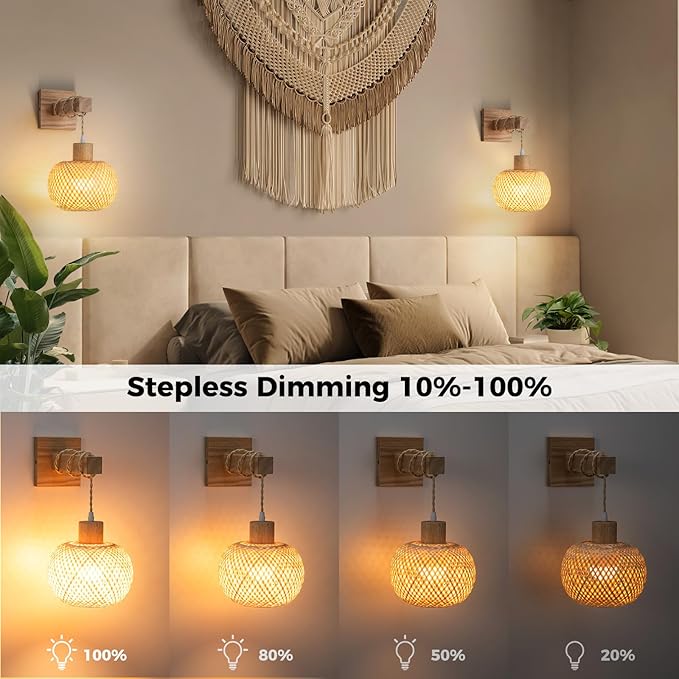 Battery Operated Wall Sconce with Remote Set of 2, Rechargeable Boho Wall Sconces with 8000mAh Bulbs, Woven Bamboo Wall Light/Lamp Rattan Wall Sconce for Bedroom