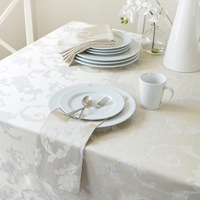 Benson Mills Harmony Scroll Woven Damask Fabric Tablecloth, Everyday, Parties, Special Occasions, Weddings and Holiday Table Cloth (60" X 144" Rectangular, Birch)