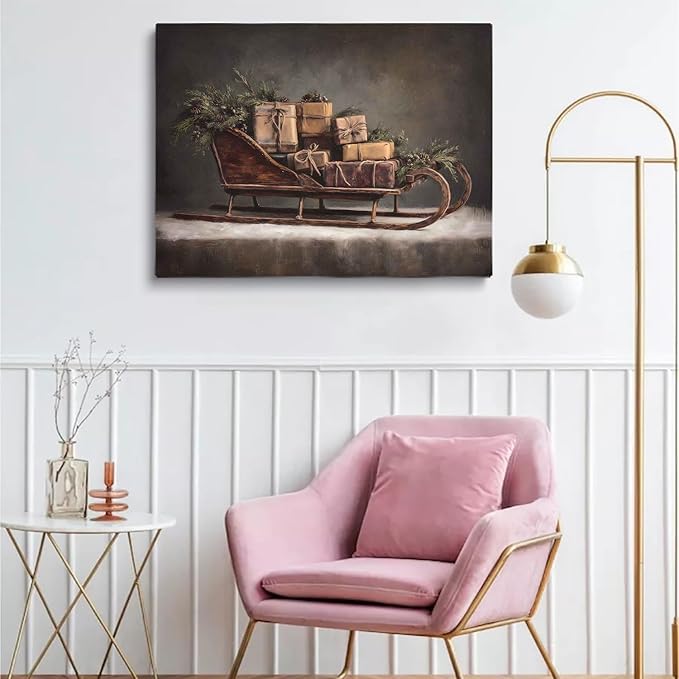 Rustic Christmas Sleigh Art Prints,Farmhouse Christmas Presents Print,Winter Holiday Artwork,Dark Christmas Cottage Poster,Vintage Sleigh Painting