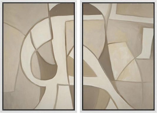 SIGNWIN Framed Canvas Print Wall Art Set Neutral Abstract Geometric Modern Minimalist Beige and Cream Illustrations Minimal Decorative Zen Bohemian for Living Room, Bedroom, Office - 24"x36"x2 White