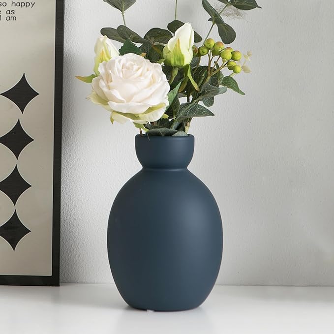Blue Ceramic Vase, Small Modern Decorative Terracotta Flower Vases for Table, Living Room, Shelf, Bookshelf and Entryway Decor