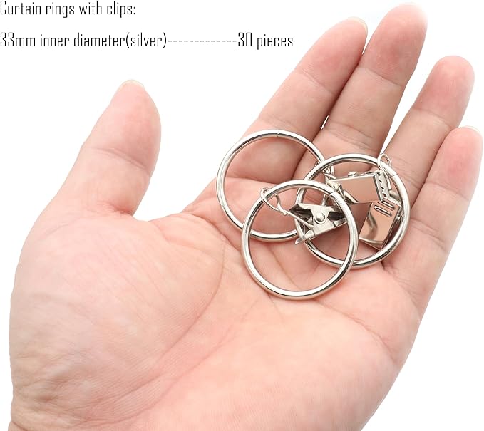 LBY 30 Pack Curtain Rings with Clips, 33mm(1.3'') Interior Diameter Metal Curtain Rings, for Hanging Drapery Drapes Bows, Silver