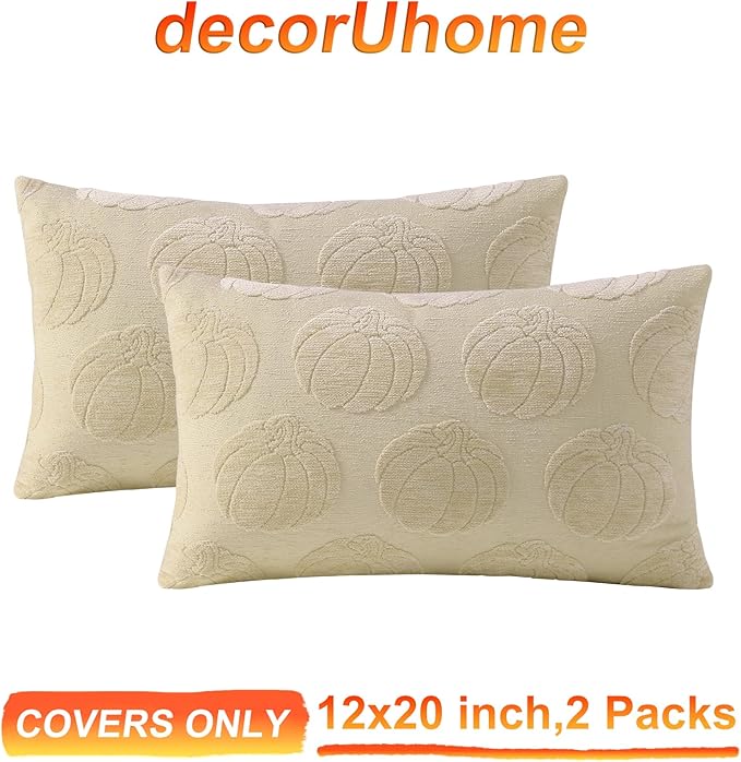 decorUhome Decorative Beige Pumpkin Thanksgiving Throw Pillow Covers 12x20 Set of 2, Soft Chenille Jacquard Farmhouse Textured Pillow Covers for Couch Bed Sofa Autumn Harvest Halloween Holiday