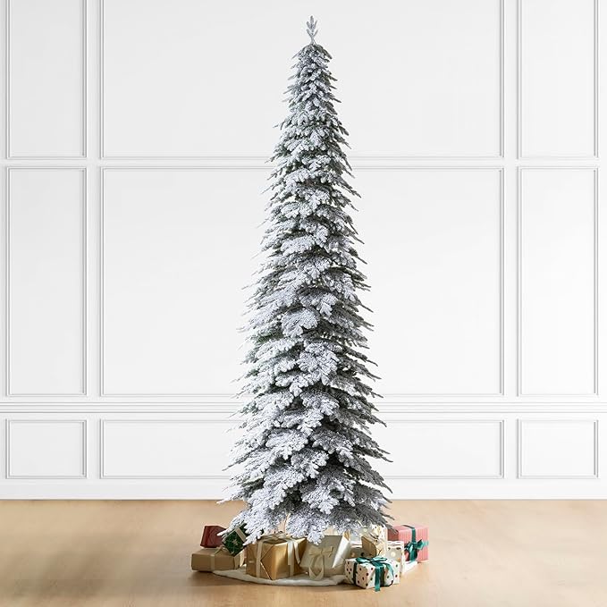 Glitzhome 15ft Prelit Christmas Tree, Artificial Christmas Tree with 1400 Warm White Lights, Flocked Pencil Tree Chicago Frostwood Spruce w/4335 PE&PVC Branch Tips and Sturdy Metal Stand, Simple Setup