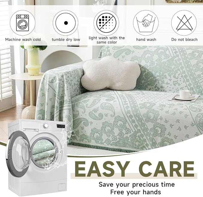 ROOMLIFE Green Sofa Cover, Vintage Boho Couch Cover for 3 Cushion Sofa, Soft Breathable Sofa Cover for Dog, Washable Furniture Sofa Protector Cover Blanket with Tassel for Living Room, 71 '' X 118''