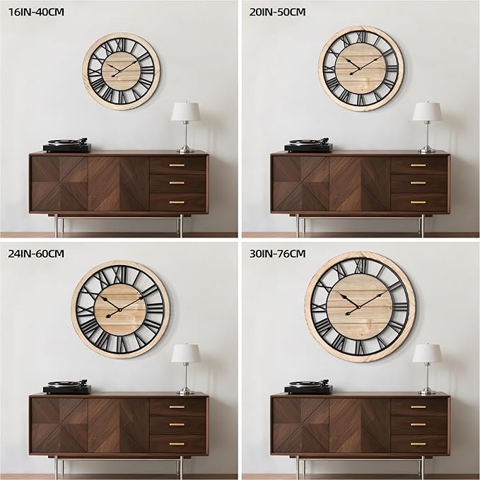 LEIKE 20 Inch Large Wall Clock - Rustic Wooden Silent Non-Ticking Wall Clock with Black Metal Frame, Vintage Farmhouse Decorative for Living Room, Bedroom, Kitchen - Roman Numerals, Modern Design