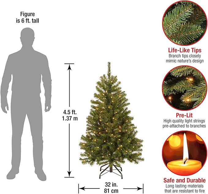National Tree Company 4.5 ft Pre-Lit North Valley Spruce Artificial Christmas Tree, 200 Clear Lights, 398 Tips, Includes Stand, Green