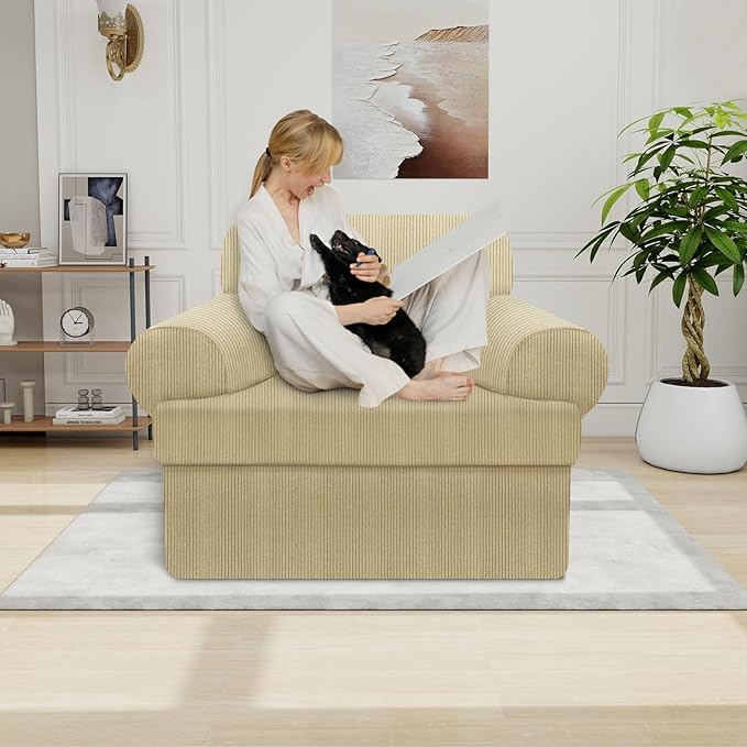 Waterproof Chair Cover with Arms 2-Piece Set Striped Slipcover for 1 Separate T Cushion Couch - TPU Fabric Armchair Covers Leakproof Couch Protector for Kids, Pets(Chair, Camel)