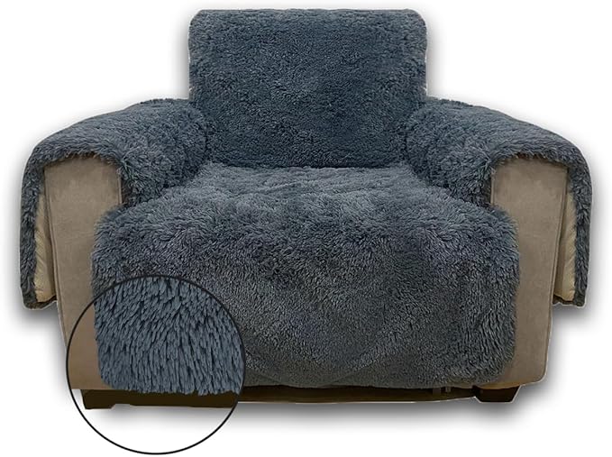 Plush and Fuzzy Shaggy Couch Cover, Dog Pad Faux Fur Sofa Cover, Water Resistant Slipcover, Non-Slip Furniture Protector for Kids,Dogs,Cats.(Noble Gray, Small-XL Chair)