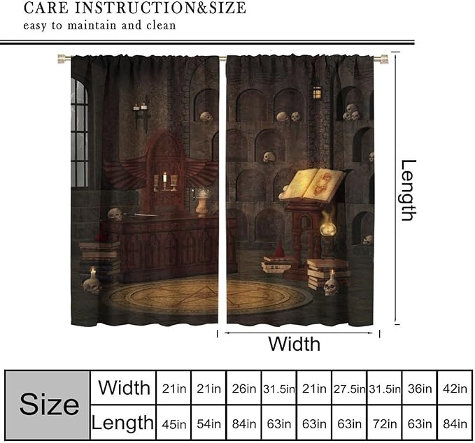 Gothic Mid Century Blackout Curtains, Medieval Castle Vintage Skulls Wall Print Window Drapes, for Living Room Bedroom 36(W)*63(L) 2 Panels