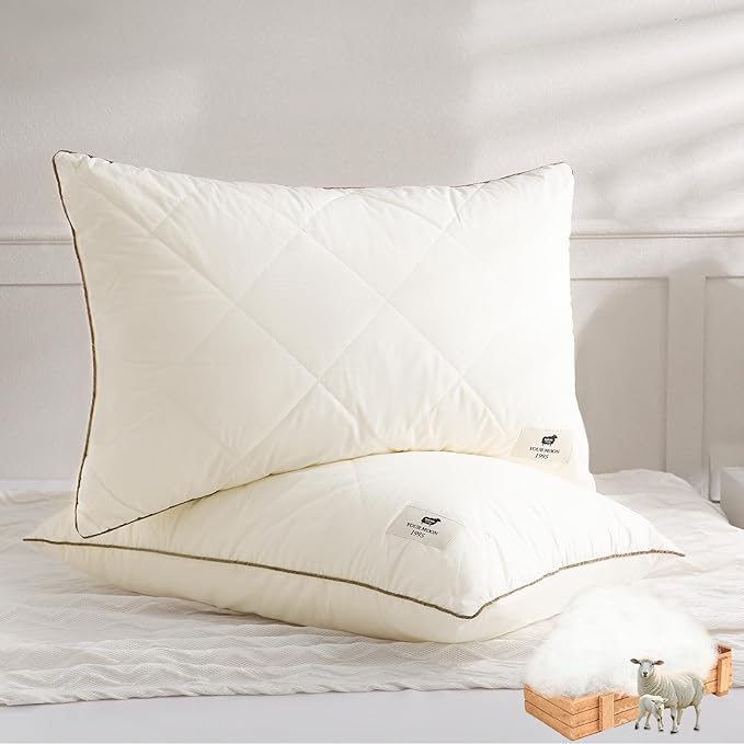 YOUR MOON Organic Wool Pillow Queen Size Set of 2, Soft Support Bed Pillows for Sleeping, Natural Wool & Down Alternative Filling, Luxury Hotel Quality Pillows,100% Cotton Cover (Off White)