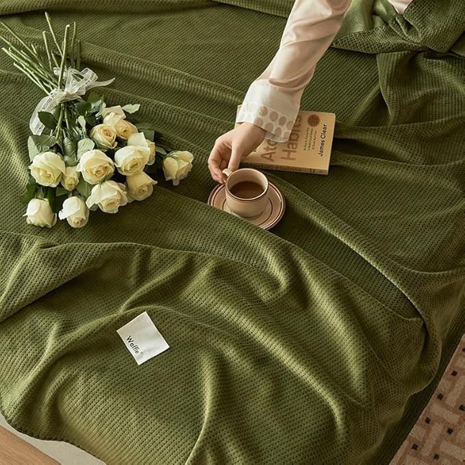Luxury Ultra-Soft Milk Flannel Velvet Waffle Weave Throw Blanket for Couch Sofa Chair Bed - Pet Cats Feeling - Nordic Modern Aetec Style - Lightweight Cozy Fluffy Comfy - Olive Green 50"x60"
