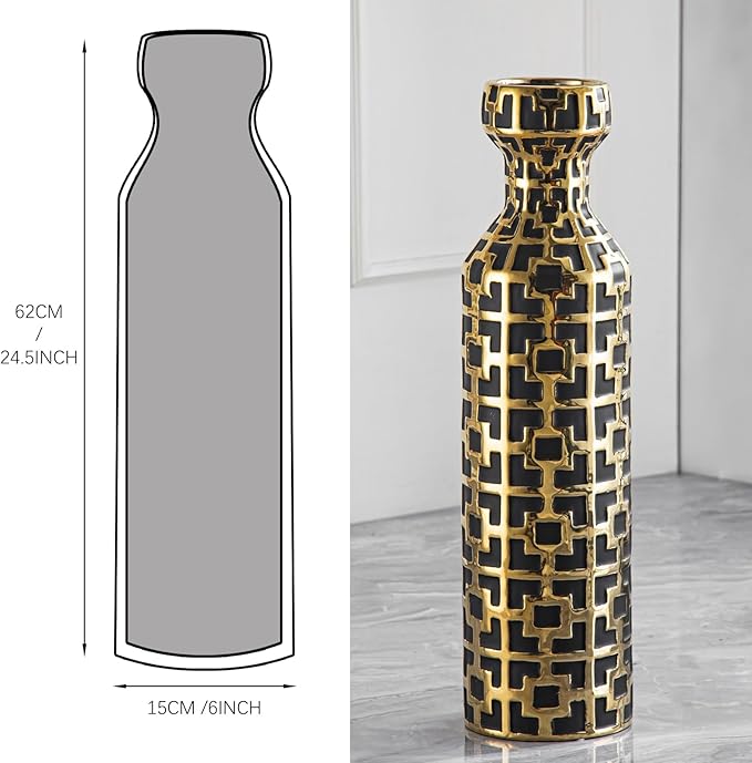 Pair of 24.4" Tall Ceramic Cylinder Vases with Geometric Gold Accents, Large Flower Vase, Decorative Vase - Modern Black & Gold Floor Vases for Living Room, Entryway Decor (Set of 2)