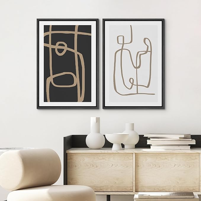 SIGNWIN Framed Canvas Print Wall Art Set Brown Geometric Spiral Pattern Collage Abstract Shapes Illustrations Modern Art Minimal Boho for Living Room, Bedroom, Office - 24"x36"x2 Black