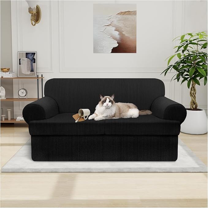 Waterproof Loveseat Cover 3-Piece Set Striped Slipcover for 2 Separate T Cushion Couch - TPU Fabric 2-Seater Sofa Covers Leakproof Couch Protector for Kids, Pets(Loveseat, Black)